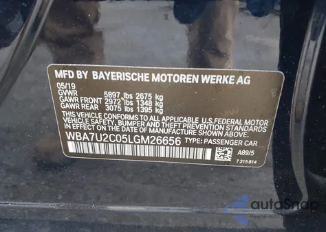 2020 BMW 750I xDrive z USA, uszkodzony, nr VIN WBA7U2C05LGM26656